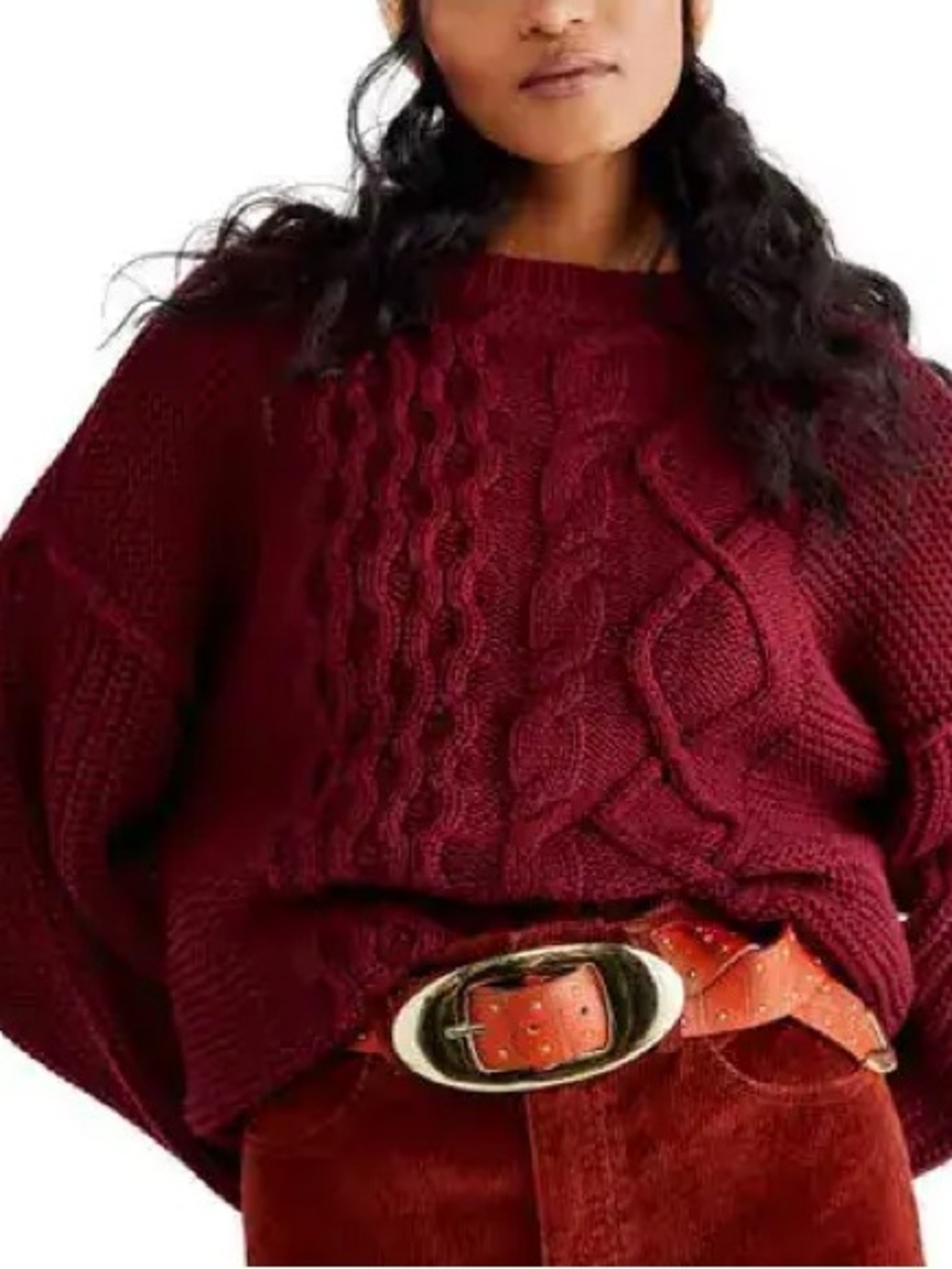 Free People Dream Cable Crewneck Sweater Cabernet/ Maroon Medium
